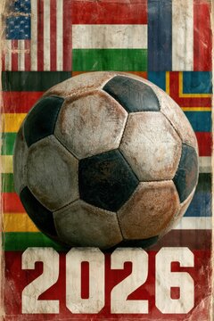 Vintage-inspired football poster with a classic leather soccer ball, retro world flags, distressed 2026 typography, nostalgic international tournament theme