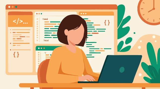 Woman programmer coding on laptop with code editor interface on screen
