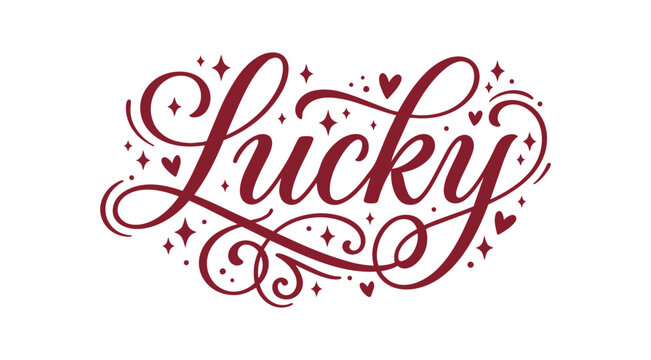Lucky Red Hand-Lettered Script Calligraphy Diamond Stars Hearts Isolated White Background Vector Illustration