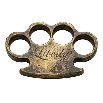 Tarnished Brass Knuckle Duster Engraved with Liberty for Historical Defense