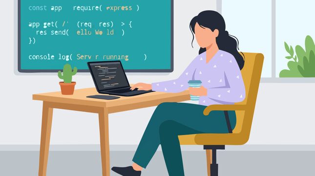 Female programmer coding Node.js application on laptop at desk, web development