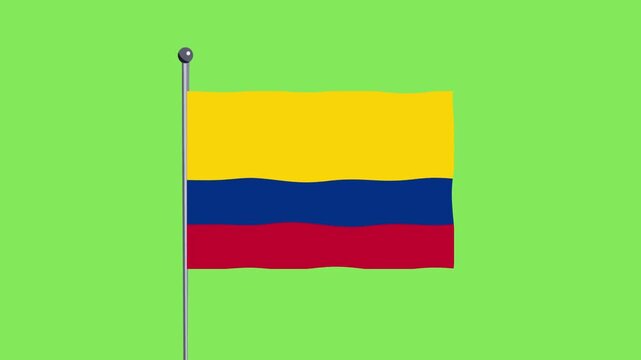 Colombian flag waving on a flagpole against a solid green background simple vector illustration