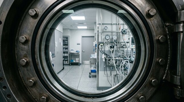Hyperbaric Oxygen Chamber Portal View &ndash; Wound Healing Therapy Facility Medical Stock Image