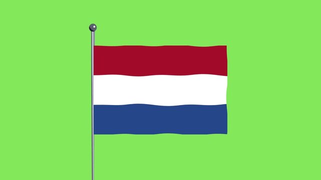 Dutch flag waving on a flagpole against a vibrant green background, simple illustration style.