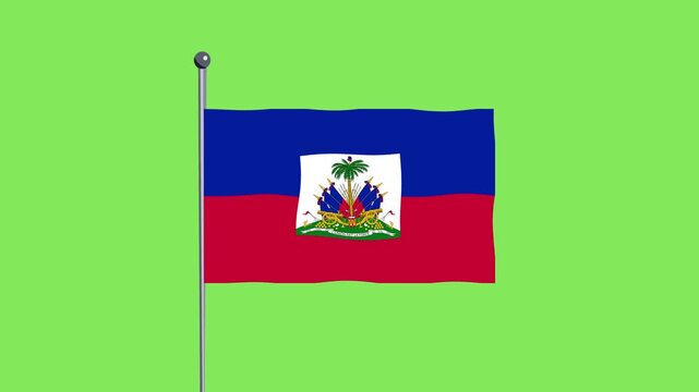 Haiti flag waving on flagpole against a solid green background, national symbol of Haiti, Caribbean nation
