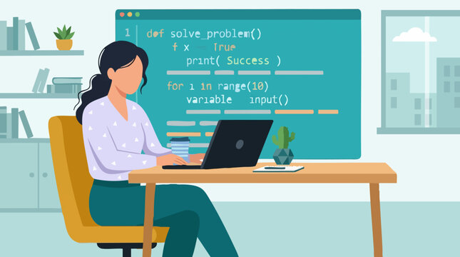 Female programmer coding Python on laptop in remote workspace