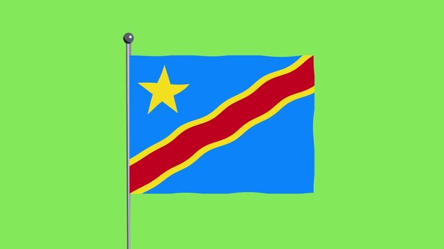 Democratic Republic of Congo flag waving on a flagpole against a plain green background simple illustration
