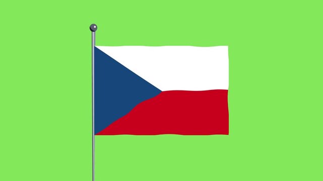 Czech Republic flag waving on a flagpole against a solid green background, simple illustration