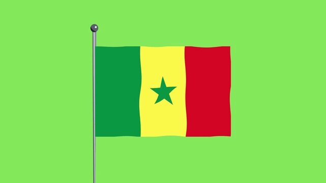 Senegal flag waving on flagpole against a green background with a simple illustration style