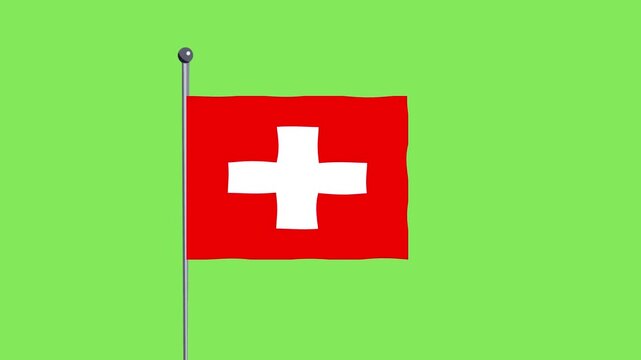 Swiss flag waving on a flagpole against a bright green background, simple illustration