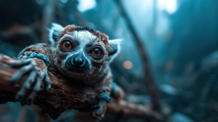 Fototapeta premium A captivating creature with big eyes crawls on a branch in a misty forest, showcasing nature's wonders, with striking colors that evoke curiosity and fascination.
