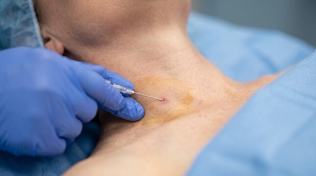 Stellate Ganglion Block Needle Placement Close-Up &ndash; Sympathetic Pain Block Medical Stock Image