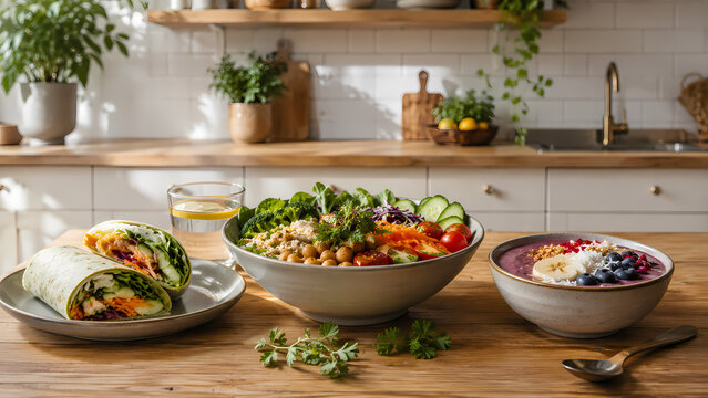 repas vegan, wraps aux l&eacute;gumes grill&eacute;s, d&rsquo;un bol de salade avec quinoa, graines et herbes fra&icirc;ches, smoothie bowl aux fruits rouges, sur une table en bois chaleureuse dans une cuisine lumineuse.