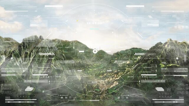 HUD futuristic aerial view science fiction landscape flying over mountain with UI scanning interface military weapon concept 4K motion