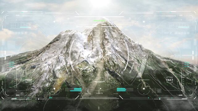 Digital HUD display showing drone tracking data over snow mountain with UI scanning interface military weapon concept 4K motion