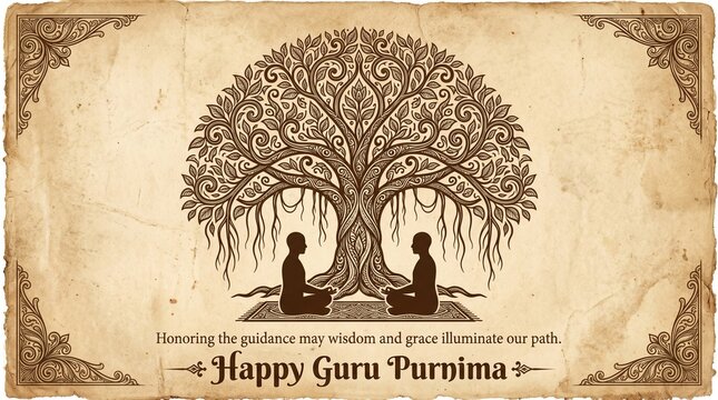 Happy Guru Purnima abstract vector artwork featuring silhouettes of a guru and shishya in a sacred posture under a Bodhi tree, glowing auras, and traditional Indian decorative 