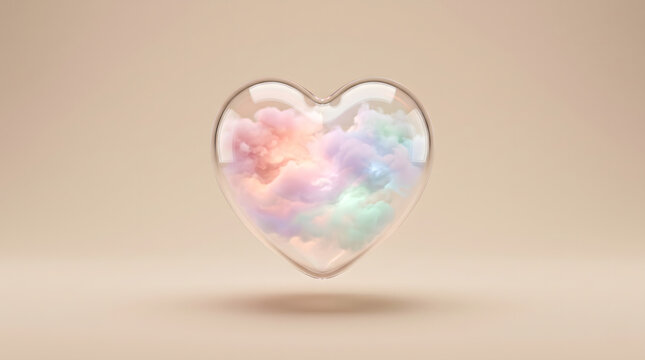 A transparent heart-shaped glass filled with soft, pastel-colored clouds, symbolizing love and dreams