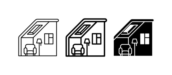 Attic Room Icon Set, Cozy Interior, Minimalist House Design, Vector Graphics © Nilufa