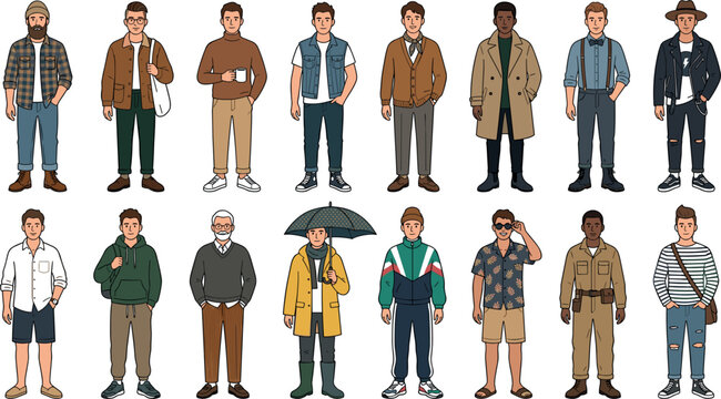 Men Fashion Outfits and Casual Clothing Style Vector Illustration Set Featuring Diverse Cartoon Characters Wearing Seasonal Streetwear Trench Coat Rain Jacket and Outerwear