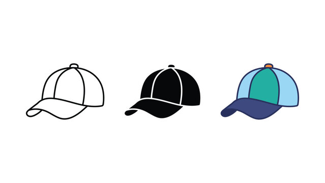 Baseball cap hat icon set outline silhouette and color vector isolated on white background