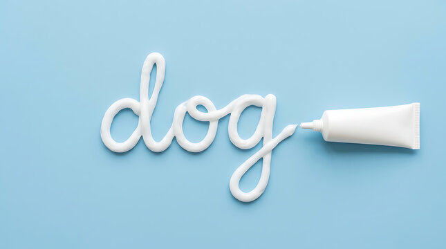Word dog spelled with white cosmetic cream from a tube on a plain light blue background