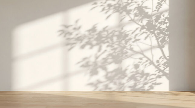 Dancing sunlit tree and window shadows gracefully adorn a light, textured wall and wooden floor, creating a peaceful, minimalist interior backdrop with natural charm