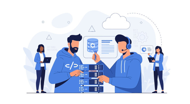 IT professionals working with servers and cloud technology, representing data management, coding, and support services.