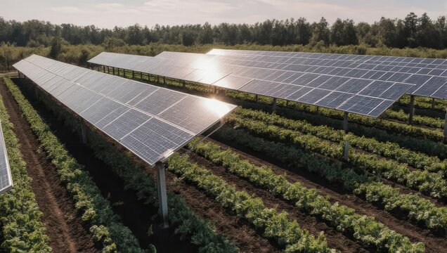 Solar Panels and Crops in an Agrivoltaic System.