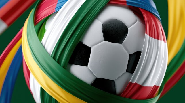Global football unity artwork showing a central soccer ball surrounded by ribbon-like world flags forming a globe shape, stylish 2026 tournament typography, inspirational sports theme