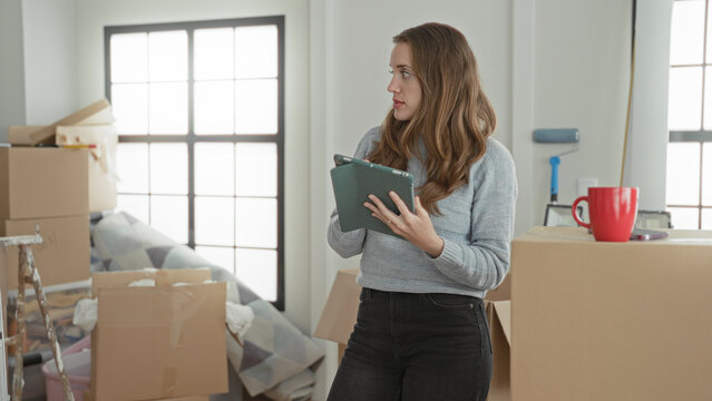 Woman holds tablet and taps screen amid packed moving boxes and a red mug on a carton in a building; moving planning calm.