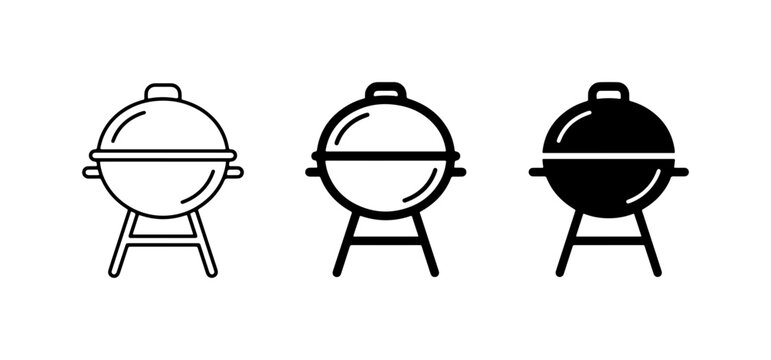 Barbecue Grill Icons, Set of 3, Black and White, Outdoor Cooking Equipment