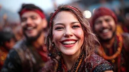 Fototapeta premium A vibrant scene capturing the essence of celebration, showcasing enthusiastic individuals adorned in colorful attire with joyful expressions, perfect for festive themes.