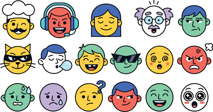 Flat Line Avatar and Emicon Character Face Icon Set Featuring Chef Gamer Professor Cat Angry Happy Sad Confused and Shocked Expressions for Web Graphic Designs