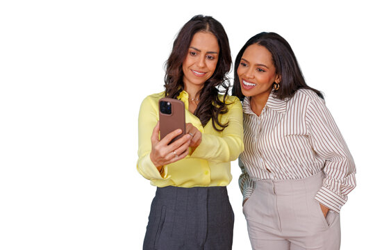 Professional women smiling, using a smartphone for sharing content and social media, creating connections on transparent background