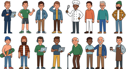 Diverse Men Cartoon Character Set Featuring Various Occupations and Lifestyles Including Businessman Chef Skater Barista IT Specialist and Seniors for Infographic Designs © MstAlif