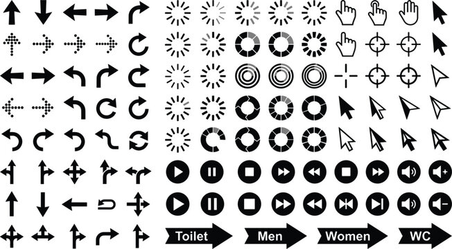 Web interface cursor pointer icon pack featuring loading buffer wheels media player control buttons and restroom arrow signs