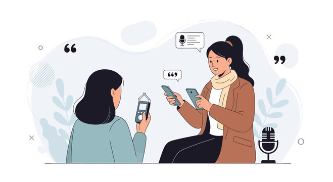 Two women recording audio interview with smartphone and recorder, podcasting and digital communication concept