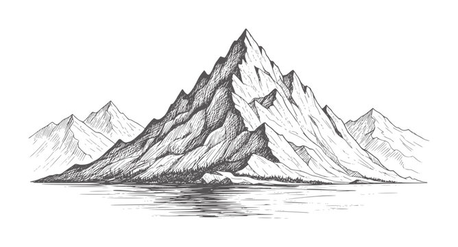 Hand drawn of mountain range reflected in calm water peak