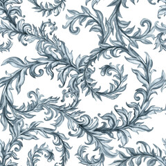 Fototapeta premium Seamless watercolor ornamental pattern featuring flowing botanical scrolls and decorative leaves. Ideal for luxury branding, wallpaper, stationery, wedding designs and textile projects