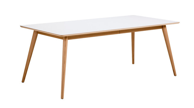 Modern rectangular dining table with white top and wooden legs