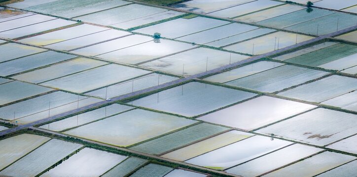 Aerial view of Iwase Rice fields with geometric patterns of flooded paddy fields and a small road cutting through the landscape in Iwase, Ibaraki, Japan.