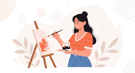 Fototapeta premium Woman painting a sunset landscape on an easel, creative hobby, artistic expression, illustration