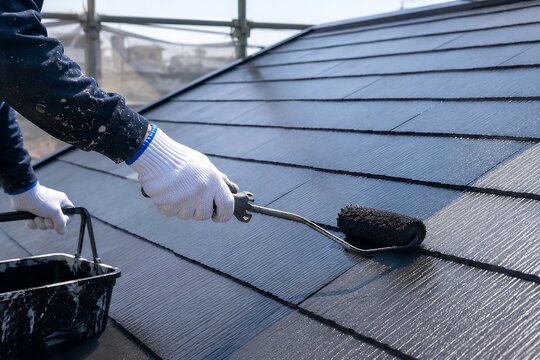 ローラーを使って屋根の塗装工事を行う塗装職人の手元のクローズアップイメージ