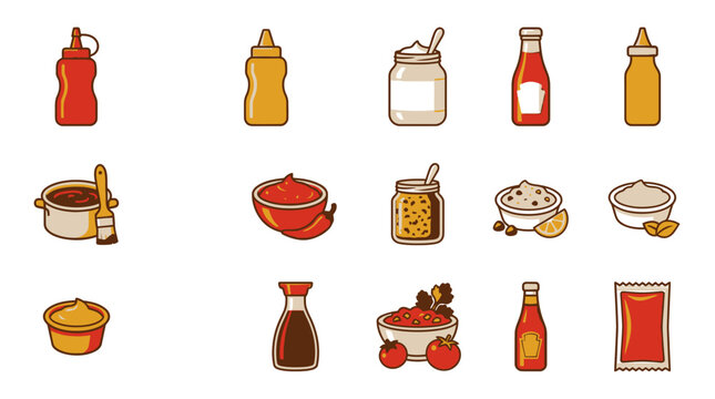 Assorted condiments and sauces in various containers for food