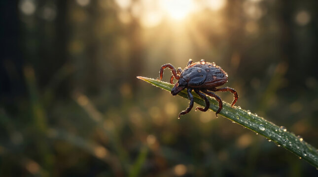Tick crawling on a blade of grass with dew drops. Dangerous parasite in nature, forest hazard. Macro insect close-up, medical risk and vector borne disease transmission concept.