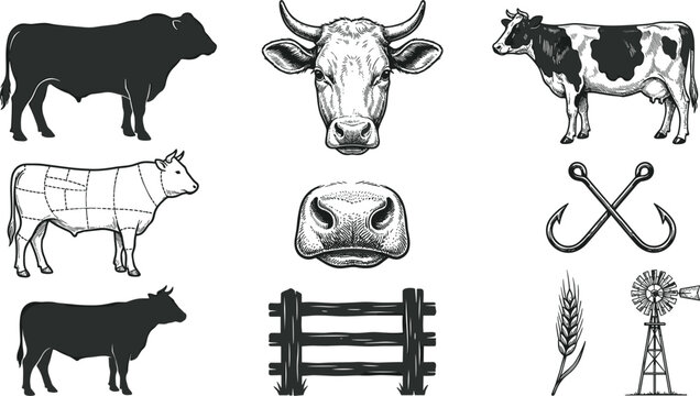 Vintage Cattle Farming and Beef Butcher Cuts Vector Illustration Set Featuring Cow Silhouette Head Sketch Wood Fence Windmill and Meat Hooks for Ranch Logos