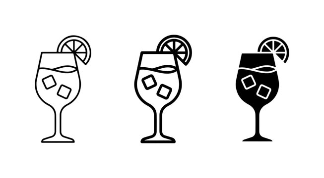 Cocktail Icons Set: Refreshing Drinks, Ice Cubes, Lemon Slice, Vector Graphics for Bar and Party Design