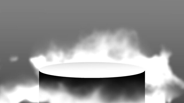 A dramatic gray-scale studio podium surrounded by thick white smoke and fog rising upward creating a luxurious product display
