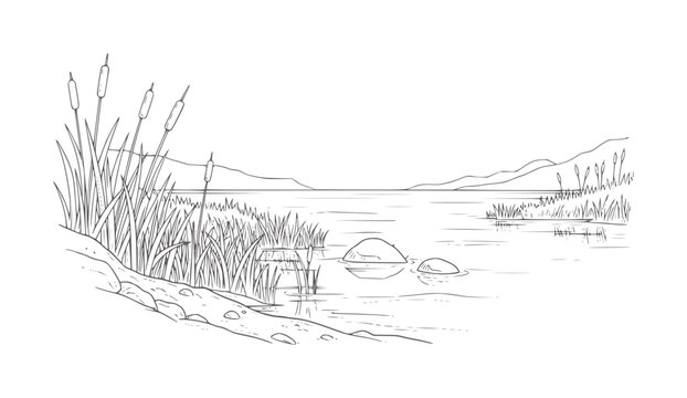 Lakeside reeds and rolling hills in simple line cattails water rocks