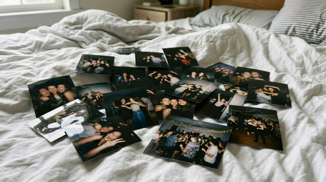 Scattered instant photographs of women dancing at a party on a white bed sheet. Collection of memories from a social event. Nostalgic concept for youth culture and happy friendship.